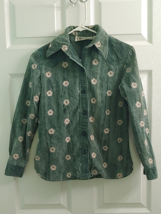 Emanon Tops - Vintage Floral Embroidered Button Front Shirt Teal Corduroy Women Emanon Size XS